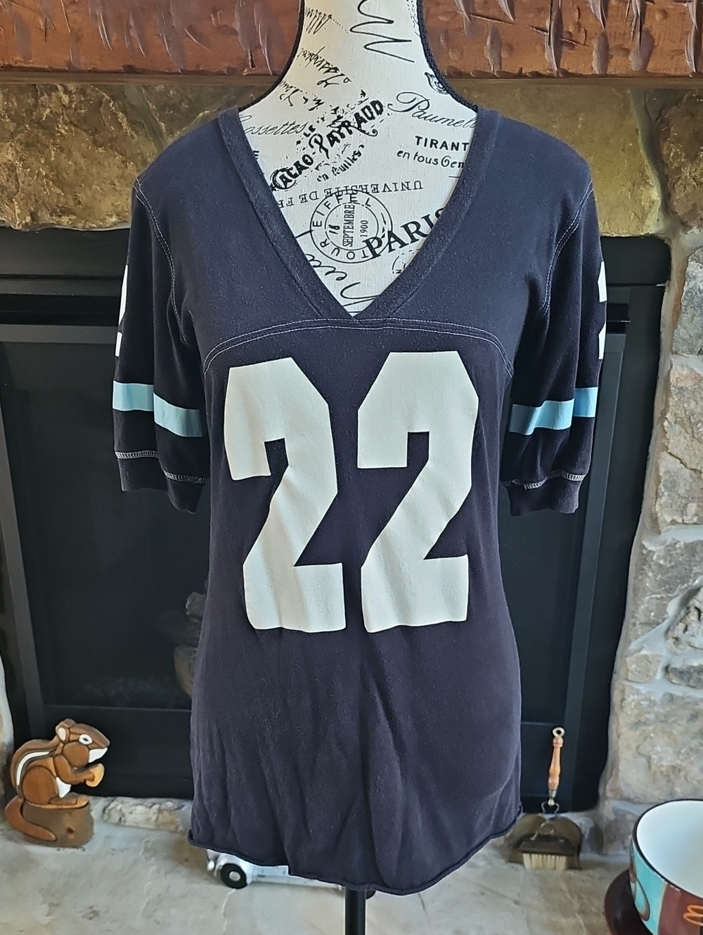 Derek Heart Navy #22 Sports Jersey Top Blue Striped Sleeves M